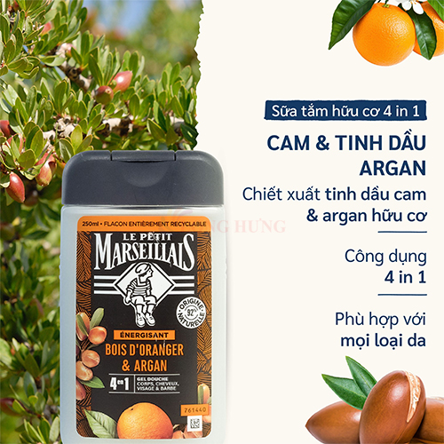 Sữa tắm 92% hữu cơ Le Petit Marseillais 4 in 1 (250ml) - Hàng chính hãng