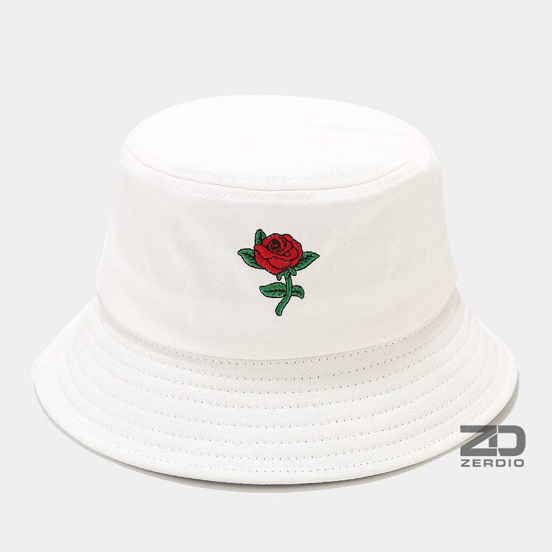 Mũ vành tròn, Nón tai bèo bucket thêu đóa hoa hồng vải cotton cao cấp cho cả nam và nữ