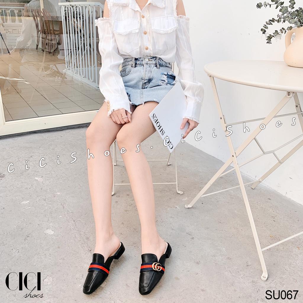 Giày cao gót nữ CiCi Shoes gót da 1cm, dép sục da khoá đồng đai xanh đỏ - SU067