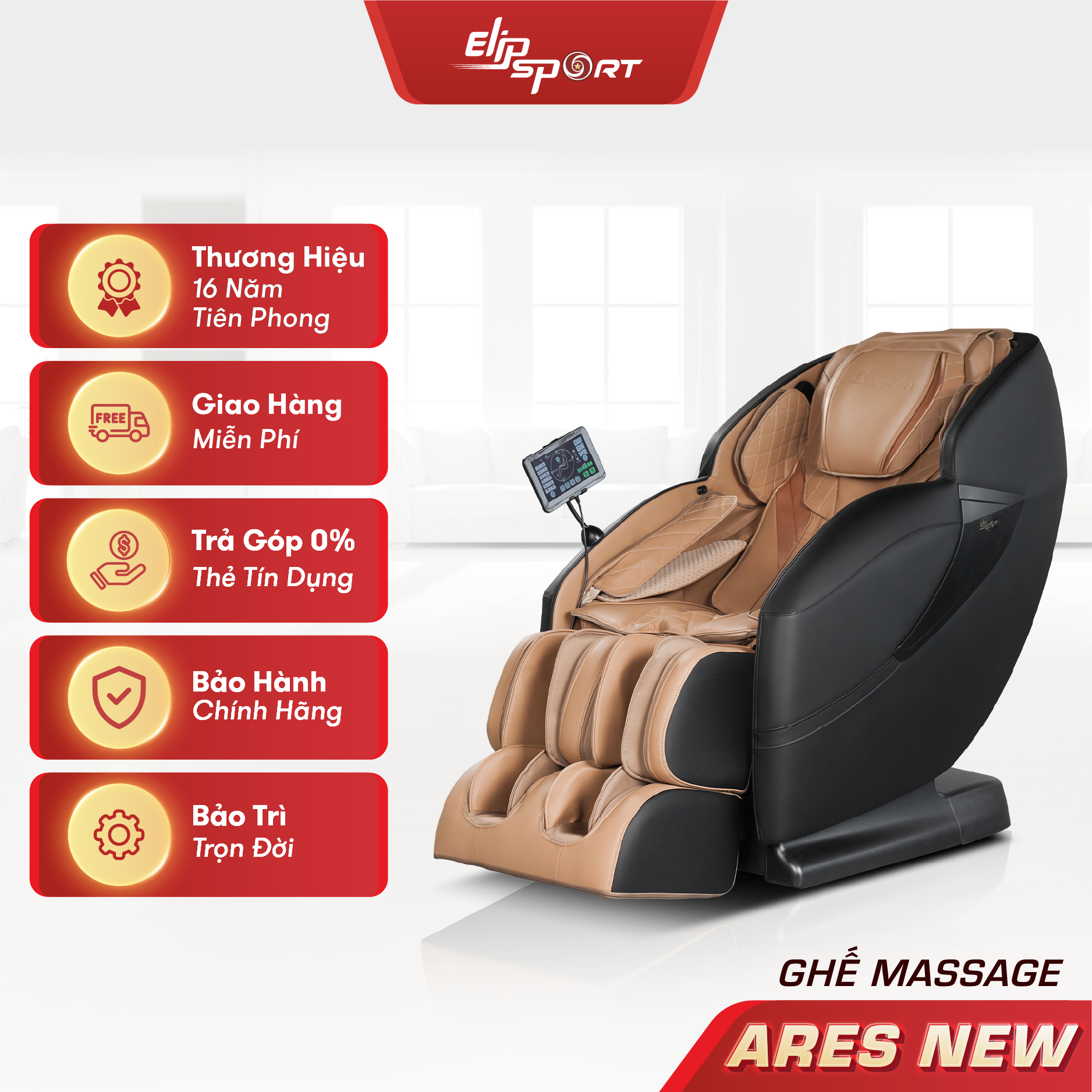 Ghế Massage Toàn Thân ELIP Ares New - Massage 4D Ultra, Điều khiển bằng giọng nói