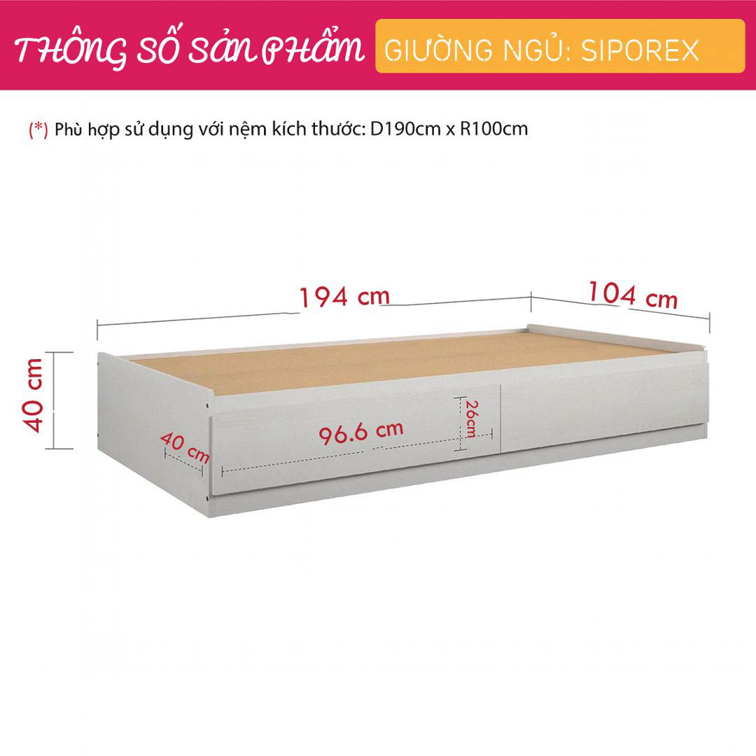 Giường ngủ gỗ hiện đại SMLIFE Siporex  | Gỗ MDF dày 17mm chống ẩm | D194xR104xC40cm