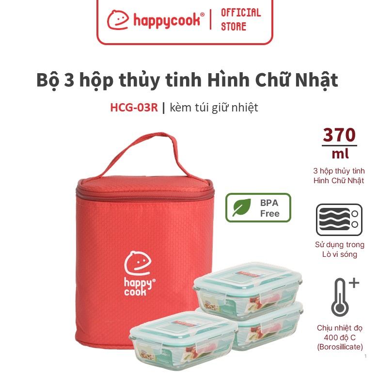 Bộ 3 Hộp Thủy Tinh Chữ Nhật 370ml + Túi Giữ Nhiệt HAPPYCOOK, HCG-03R