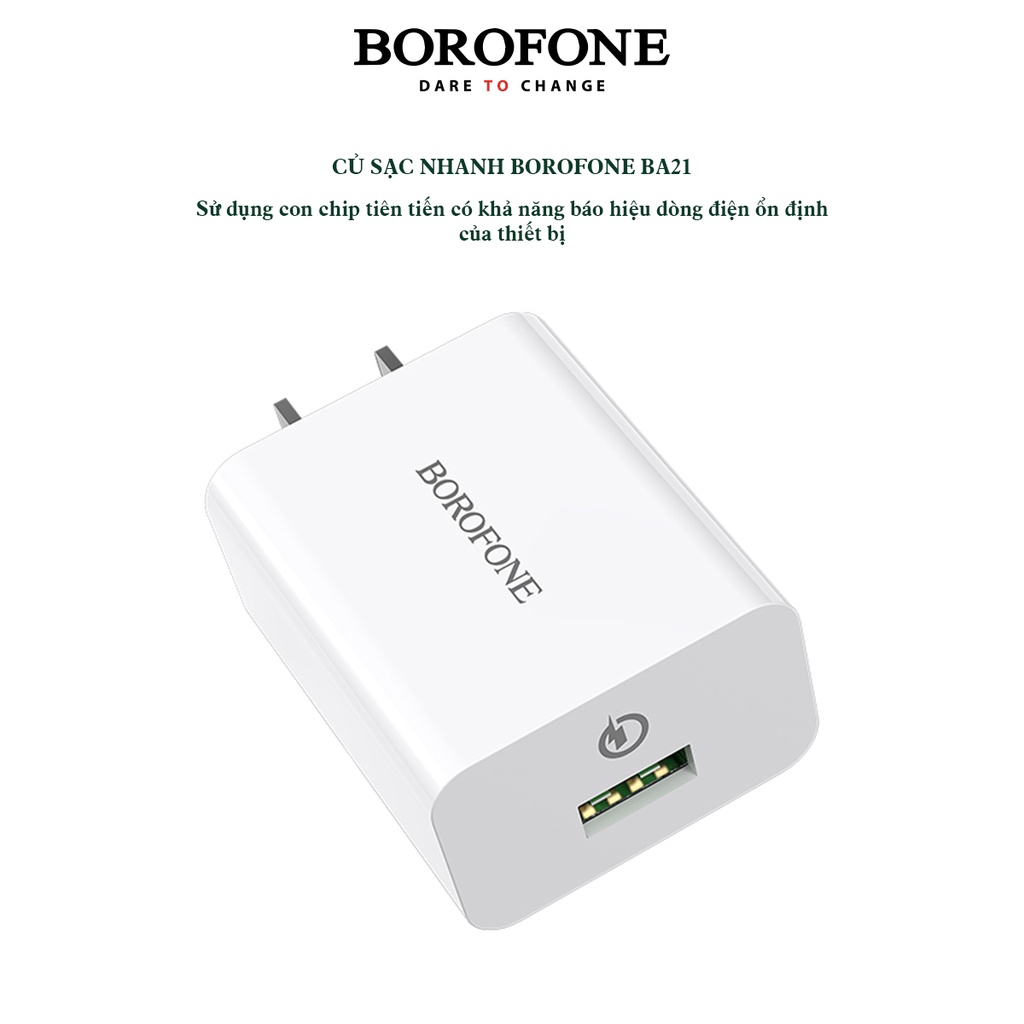 Củ Sạc Nhanh 18W - QC3.0 BOROFONE BA21 cổng USB hỗ trợ sạc nhanh 50% pin trong vòng 30p, có chip điều khiển dòng điện an toàn bảo vệ máy - Hàng Chính Hãng