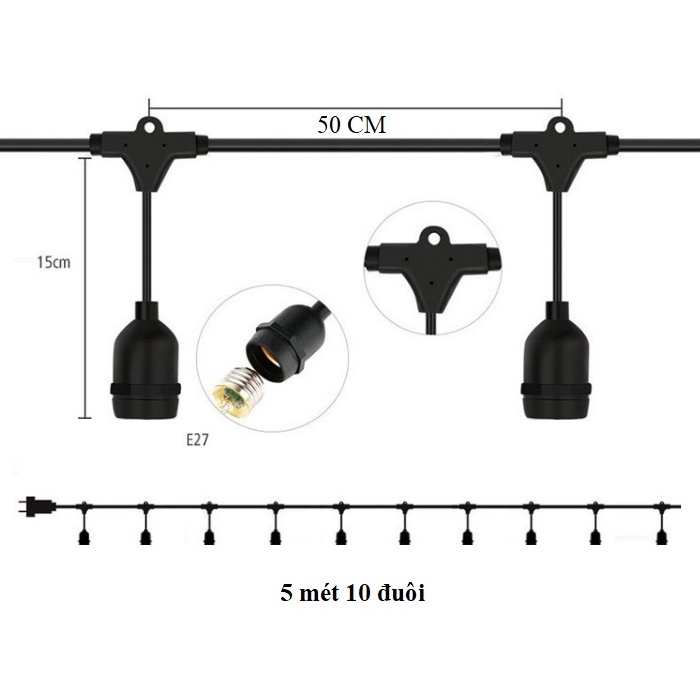 Dây Đui Đèn Kín Nước Trang Trí Ngoài Trời 3M/4M5M/6M/7M/10M Đui E27, Dây Đèn Thả Trang Trí Quán Ăn Quán Cafe