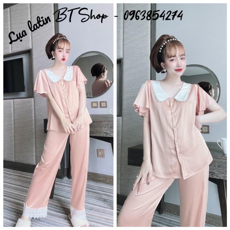 Đồ ngủ mặc nhà lụa latin ren quần dài trơn freesize 42-57kg
