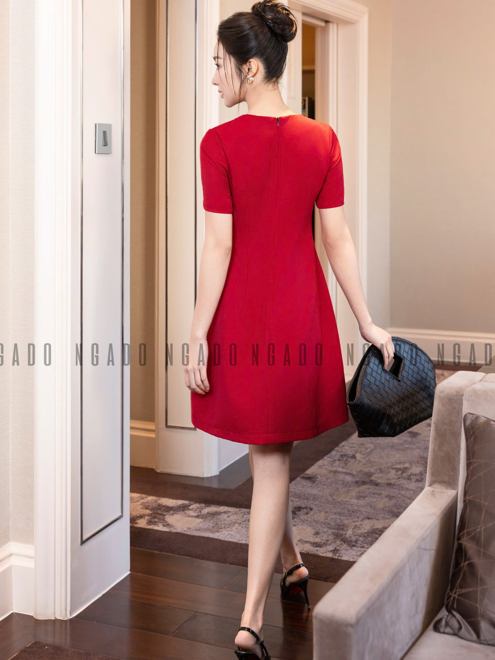 Đầm đỏ tay nơ NGADO , đầm đỏ , đầm kiểu Nữ , đầm dự tiệc , công sở