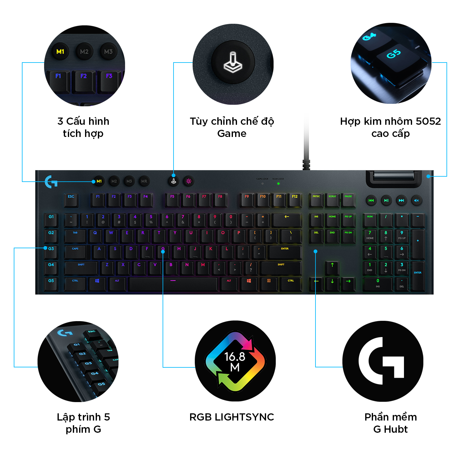 Bàn phím game cơ học RGB Logitech G813 - 3 loại switch cấu hình thấp, cổng USB 2.0, 5 nút lập trình, media chuyên biệt, RGB Lightsync - Clicky Switch - Hàng chính hãng