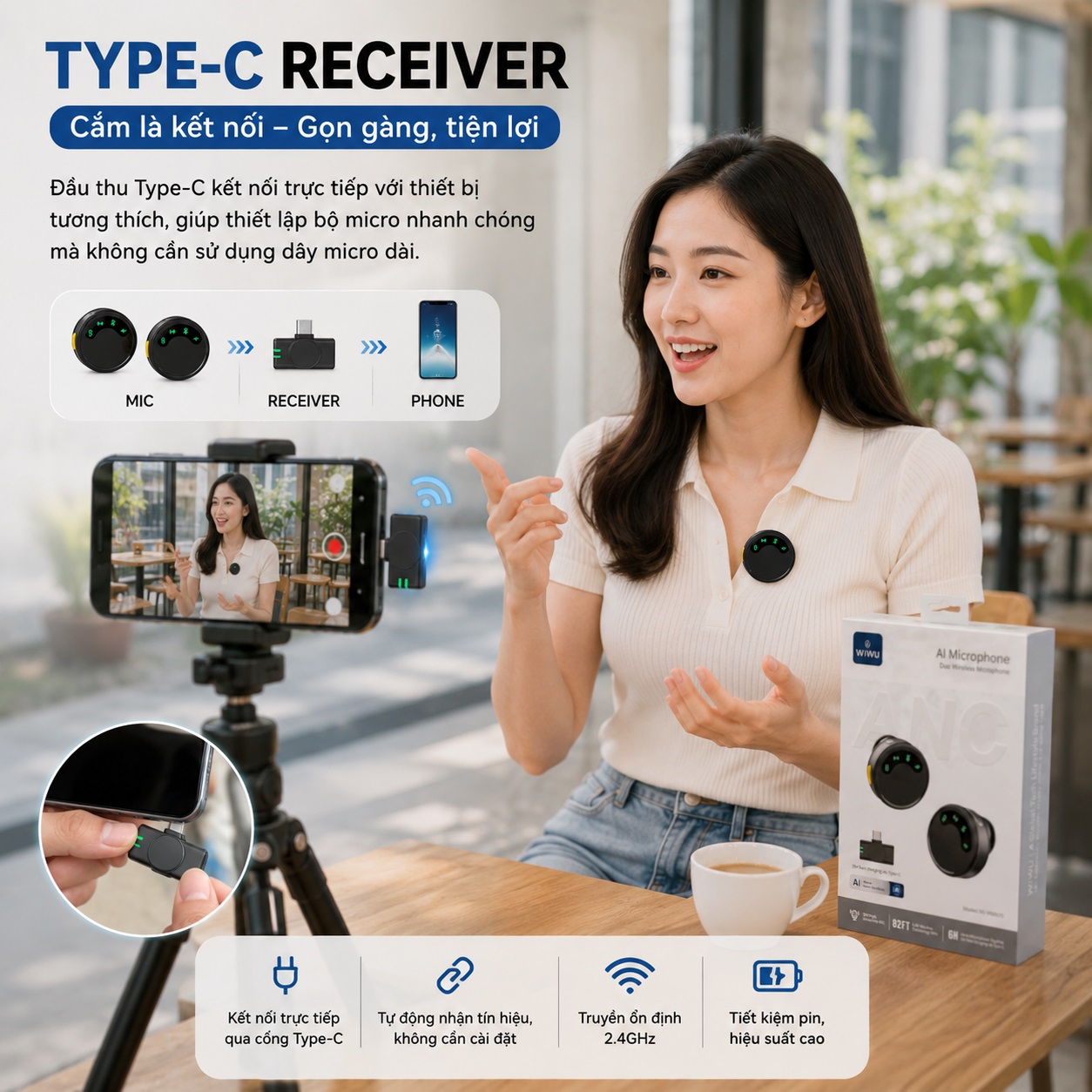 MICRO KHÔNG DÂY AI ANC DUO WIWU Wi-WM010 2 Mic Thu Âm 2 Người 360° 25m Type-C Cho Điện Thoại TikTok Livestream cho iPhone Samsung Oppo Huawei Vivo - Hàng nhập khẩu
