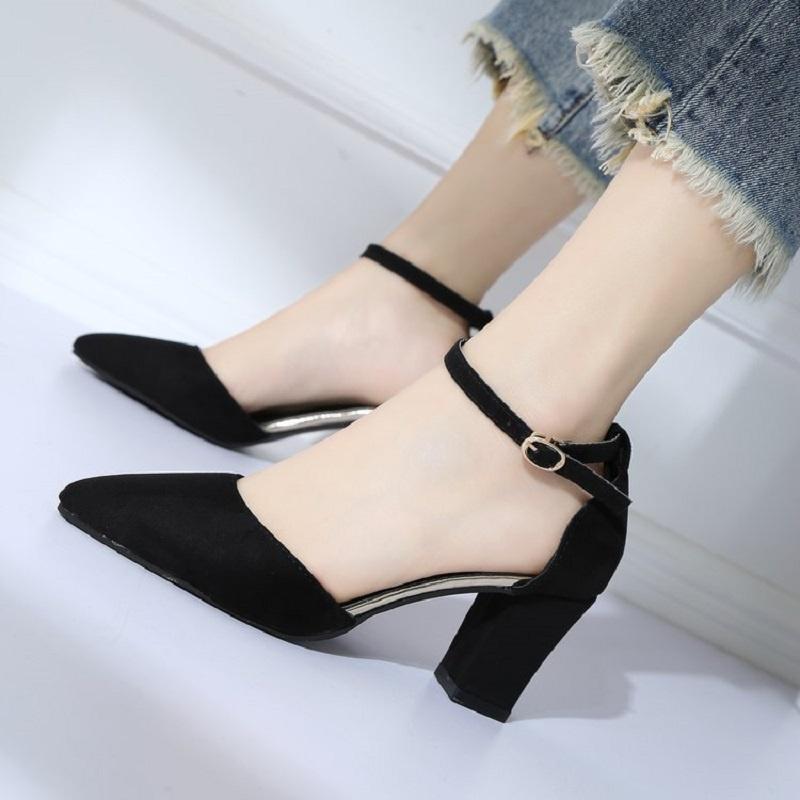 Sandal cao gót nữ 7p đế vuông bít mũi da lộn công sở cao cấp Giày Sandal nữ cao gót Tặng quà ngẫu nhiên BG01