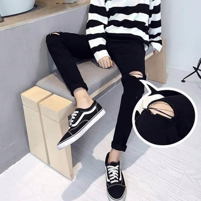 Quần jean đen rách gối