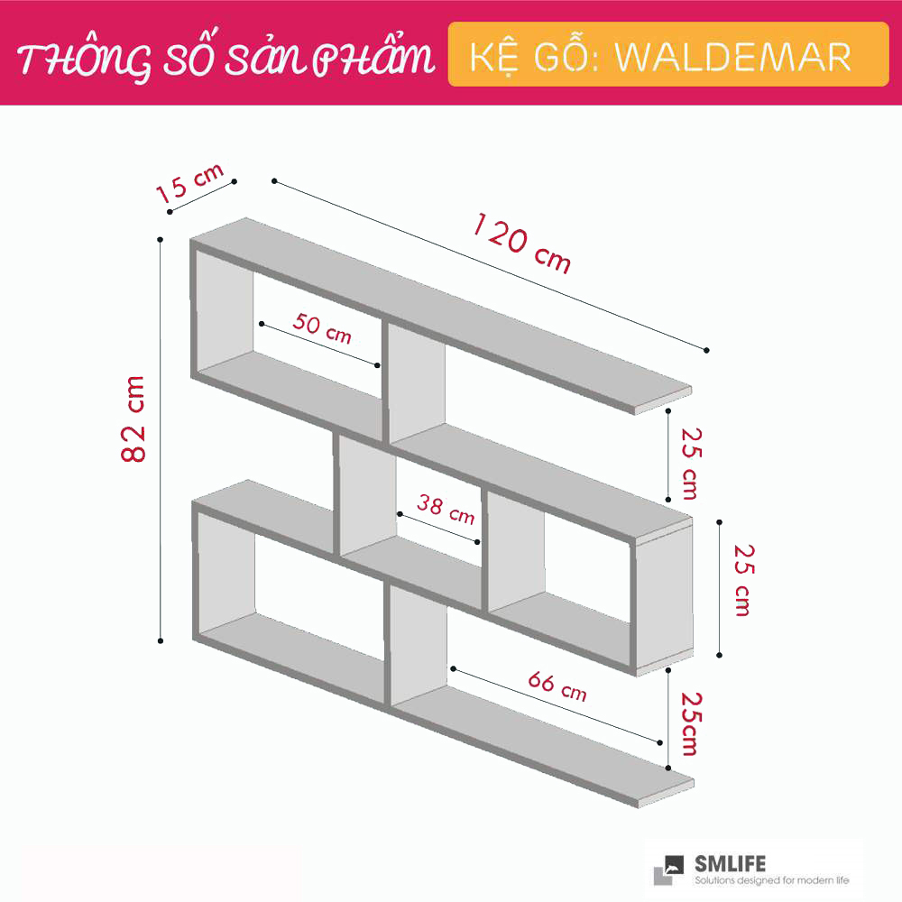 Kệ gỗ treo tường trang trí hiện đại SMLIFE Waldemar  | Gỗ MDF dày 17mm chống ẩm | D120xR15xC82cm