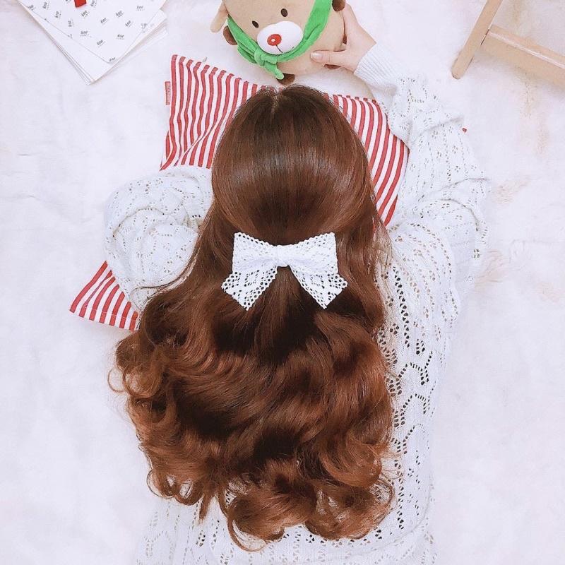 Kẹp Tóc Nơ Ren Handmade Họa Tiết Hoa Trắng / Kem Cao Cấp Ribbon.mimi Lace cột / kẹp