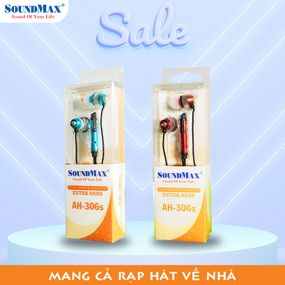 SoundMax Tai Nghe Nhét Tai AH-306s | Inear Headphone SoundMax AH306S | Tăng Cường Bass, Thiết Kế In-Ear, 2 Củ Tai Nhỏ, Đệm Mút Silicon, Jack Cắm 3.5mm, Dây Cáp Bọc Dù Chắc Chắn, Bảo Hành 12 Tháng - Hàng Chính Hãng