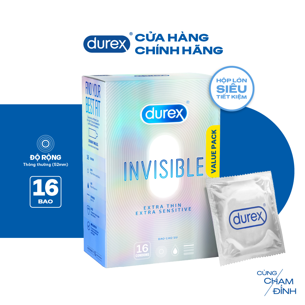 Bao Cao Su Durex Invisible Siêu Mỏng, Size 52 mm, Hộp 16 Bao Mới Ra Mắt - Hộp Lớn Siêu Tiết Kiệm