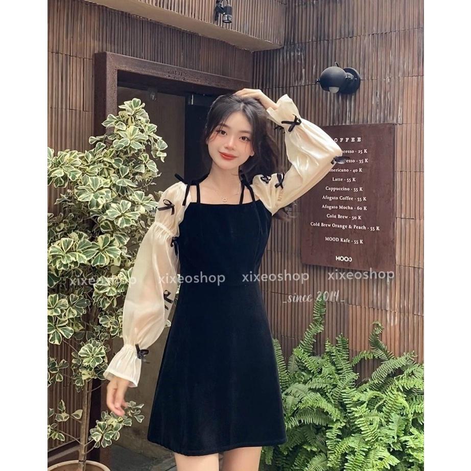 Đầm xoè nhung tay dài đính nơ