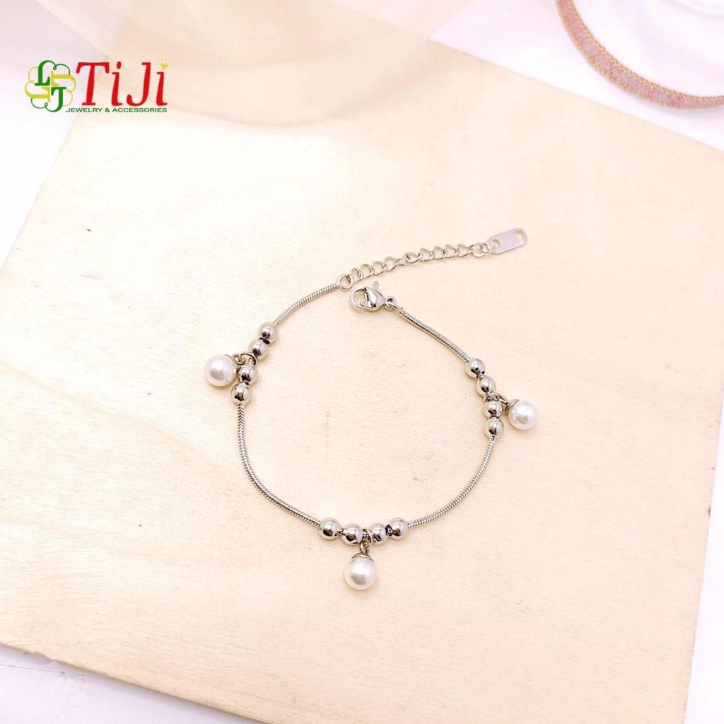 Lắc tay lắc chân nữ inox kiểu mì xỏ bi ngọc trai nhân tạo cách điệu không đen không gỉ sét