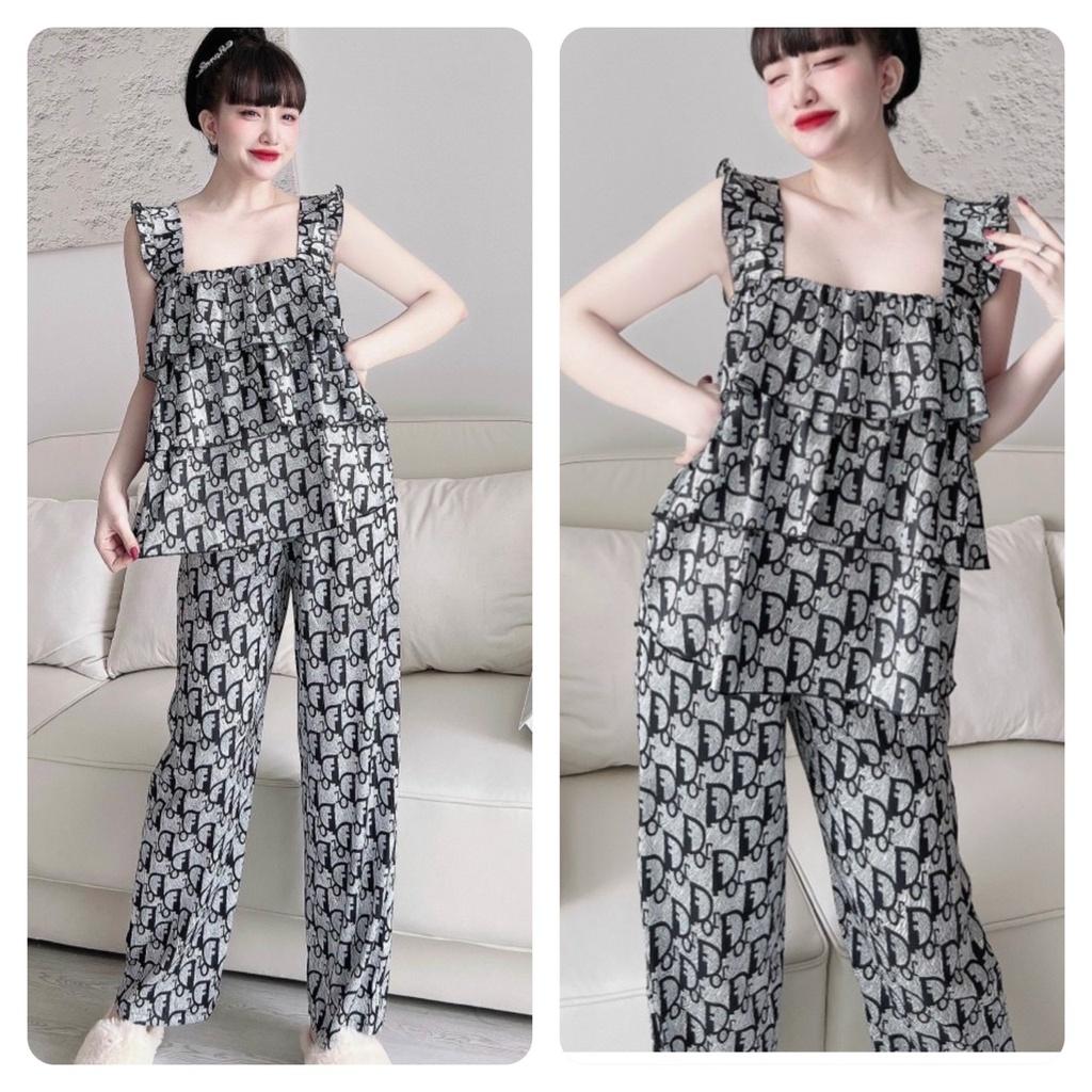 Đồ Bộ Bigisze Nữ, Đồ Ngủ, Đồ Mặc Nhà 2 Dây Nữ lụa xước ánh kim tầng, có túi quần, freesize 45-70kg, tuỳ chiều cao