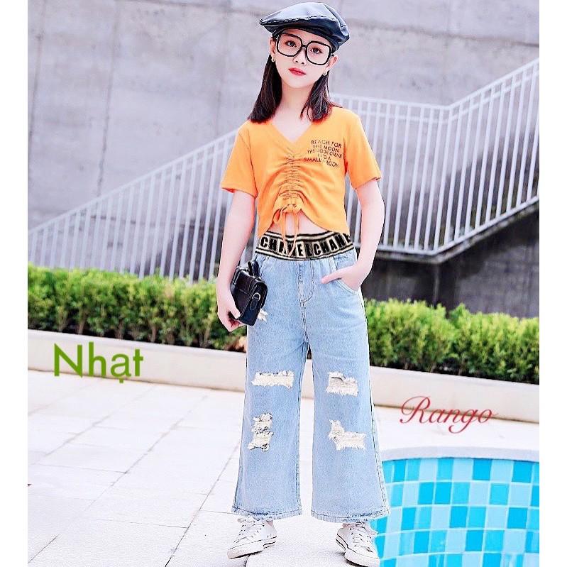 Quần jean bé gái ống rộng wash rách lưng thun jean mềm co giãn sang chảnh diện 4 mùa