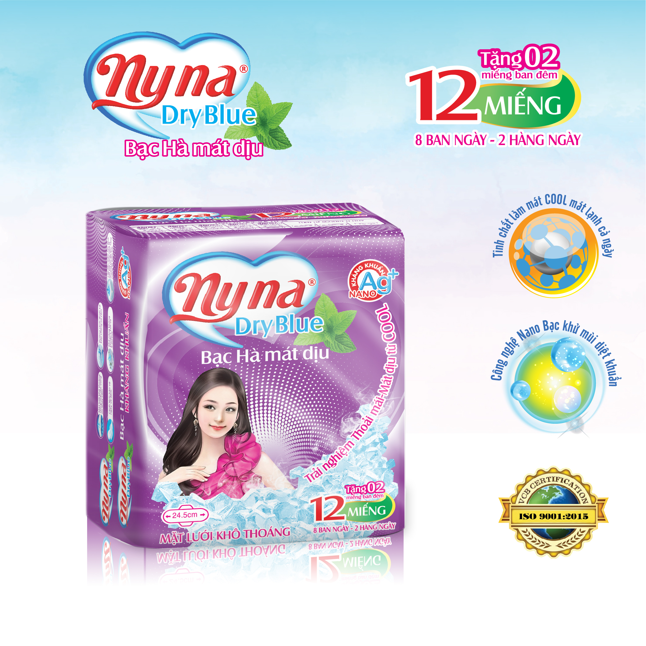 Băng Vệ Sinh NYNA Dryblue mẫu tím . Băng Vệ Sinh ban ngày có cánh . BVS kháng khuẩn. Băng vệ sinh phụ nữ mặt lưới 3D khô thoáng, chống tràn. Băng vệ sinh bạc hà cool mát dịu. BVS Nyna chính hãng