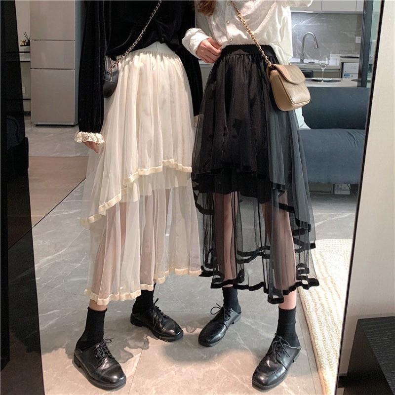 Chân váy lưới tà xéo lai viền mới về