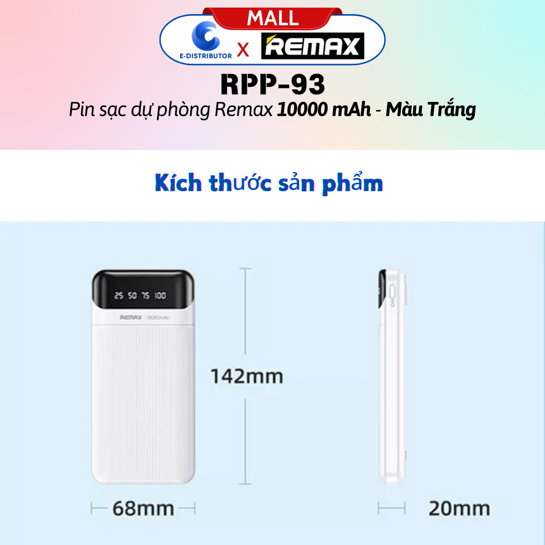 Pin Sạc Dự Phòng Remax 10000 mAh RPP93 Trắng - Hàng Chính Hãng - Bảo Hành 12 Tháng