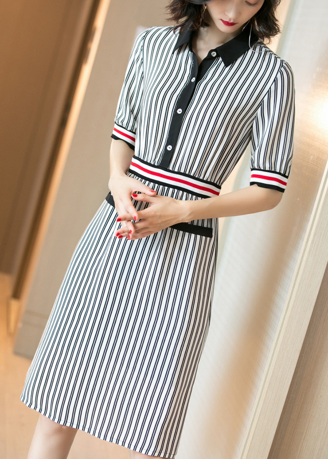 Đầm Nữ Sọc Kẻ Cổ Sơ Mi Có Túi - Trắng Phối Đen