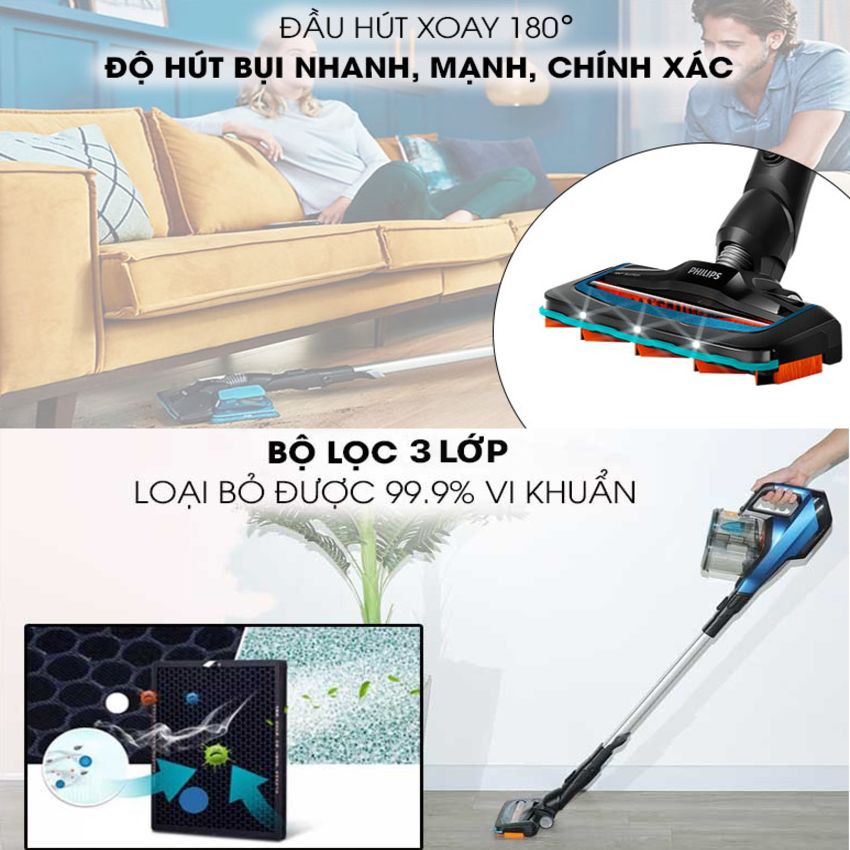 Máy hút bụi cầm tay không dây dạng cán 3 trong 1 SpeedPro Aqua thương hiệu Philips FC6729/82 - Hàng Chính Hãng