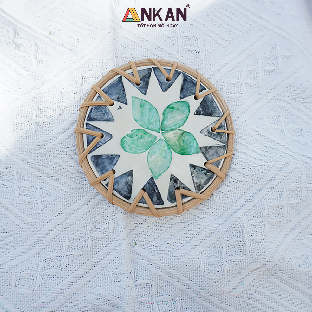 Đế Lót Ly Mây Khảm Trai Tròn ANKAN (10cm) - Lót Cốc Thủ Công Mỹ Nghệ Decor Bàn Ăn, Chụp Ảnh Sang Trọng - Hàng Xuất Khẩu