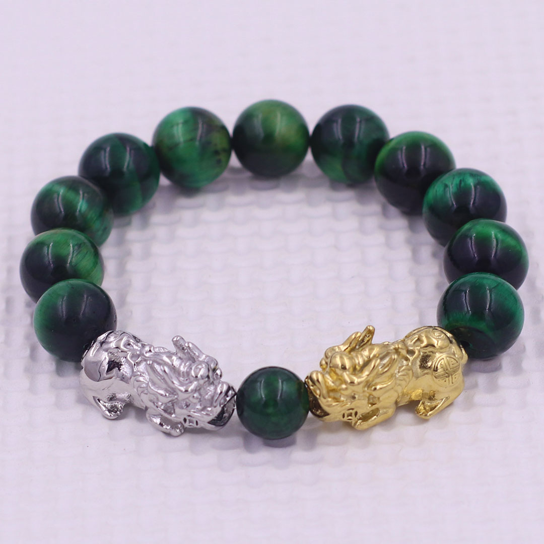 Vòng chuỗi đeo tay đá mắt hổ xanh lá 12 ly charm tỳ hưu đôi inox trắng và vàng, vòng chuỗi phong thủy, charm tỳ hưu, vòng tay hạt chuỗi