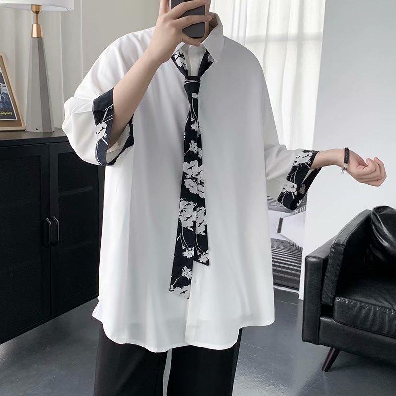 Áo sơ mi tay lỡ có cà vạt họa tiết hoa văn cho nam
