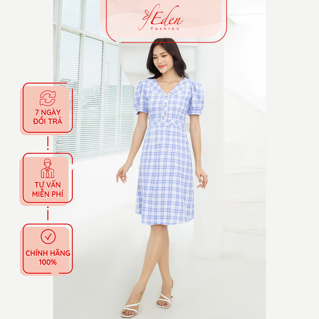 Đầm công sở họa tiết caro thời trang Eden - D449