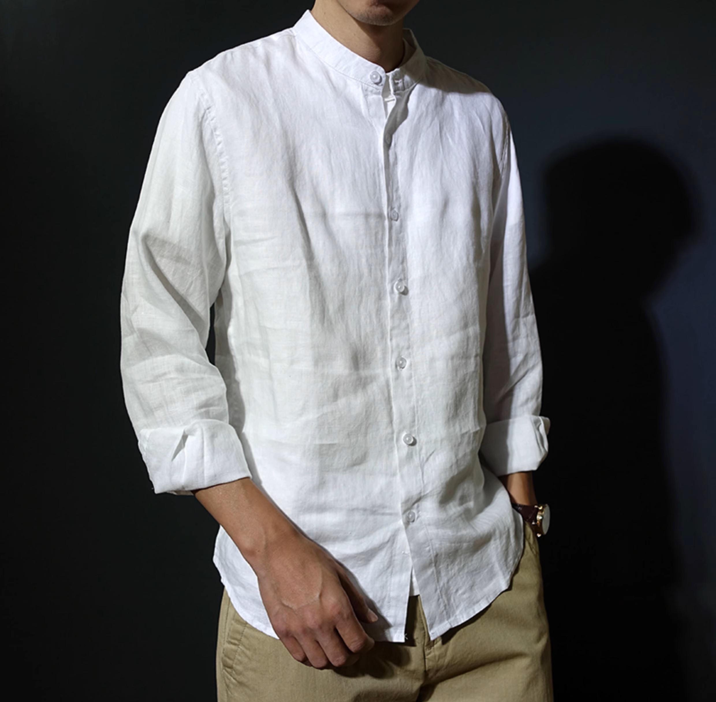 Áo sơ mi nam tay dài style Hàn Quốc thiết kế cổ tàu trẻ trung chất liệu Linen thô cao cấp MS04