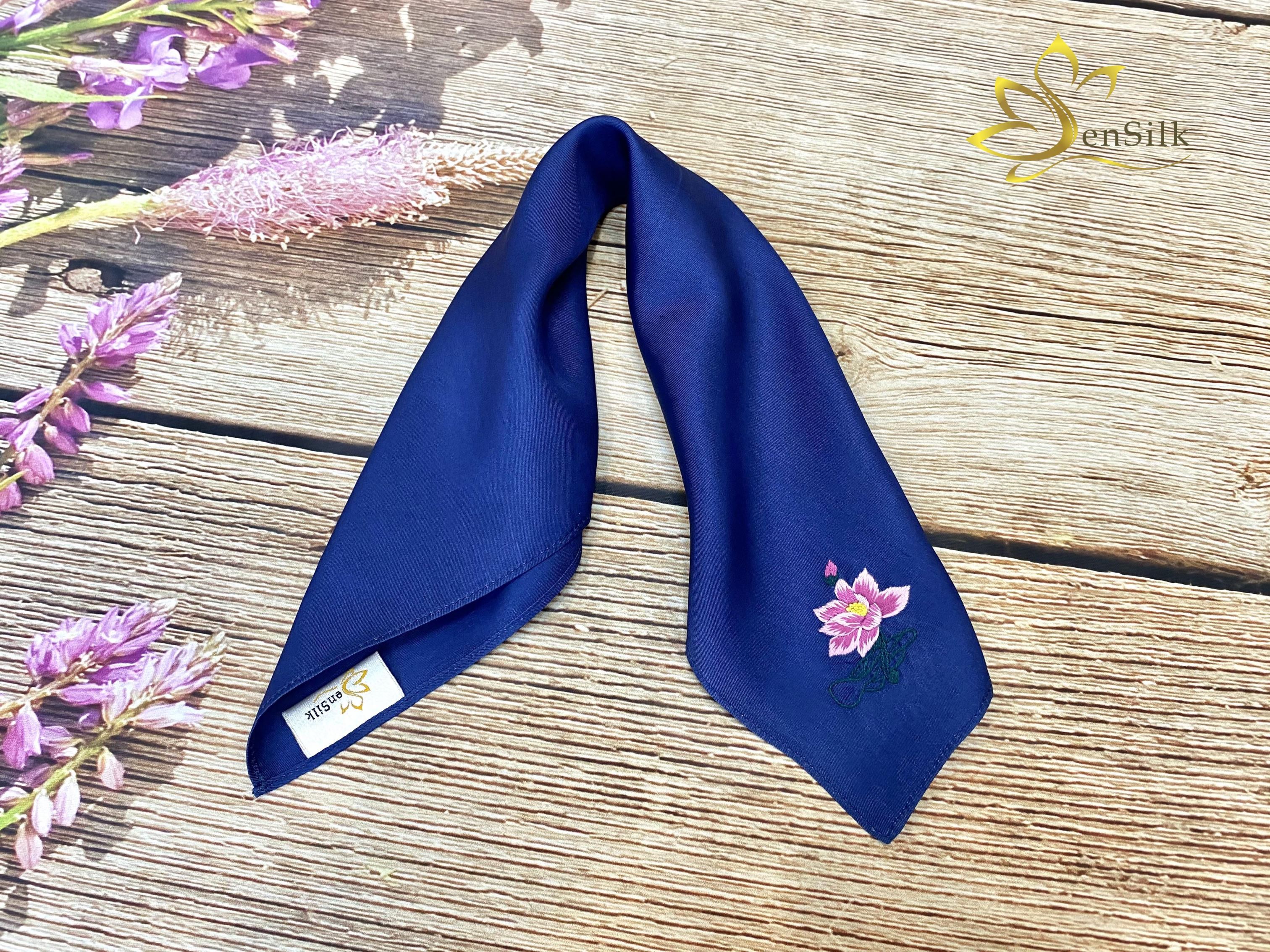 Khăn Tay Thêu Sen Silk 100% Lụa Tơ Tằm Thuần Việt - Silk Handkerchief Hand Embroidery - Pocket Square Silk Handmade - Quà Tặng Đối Tác