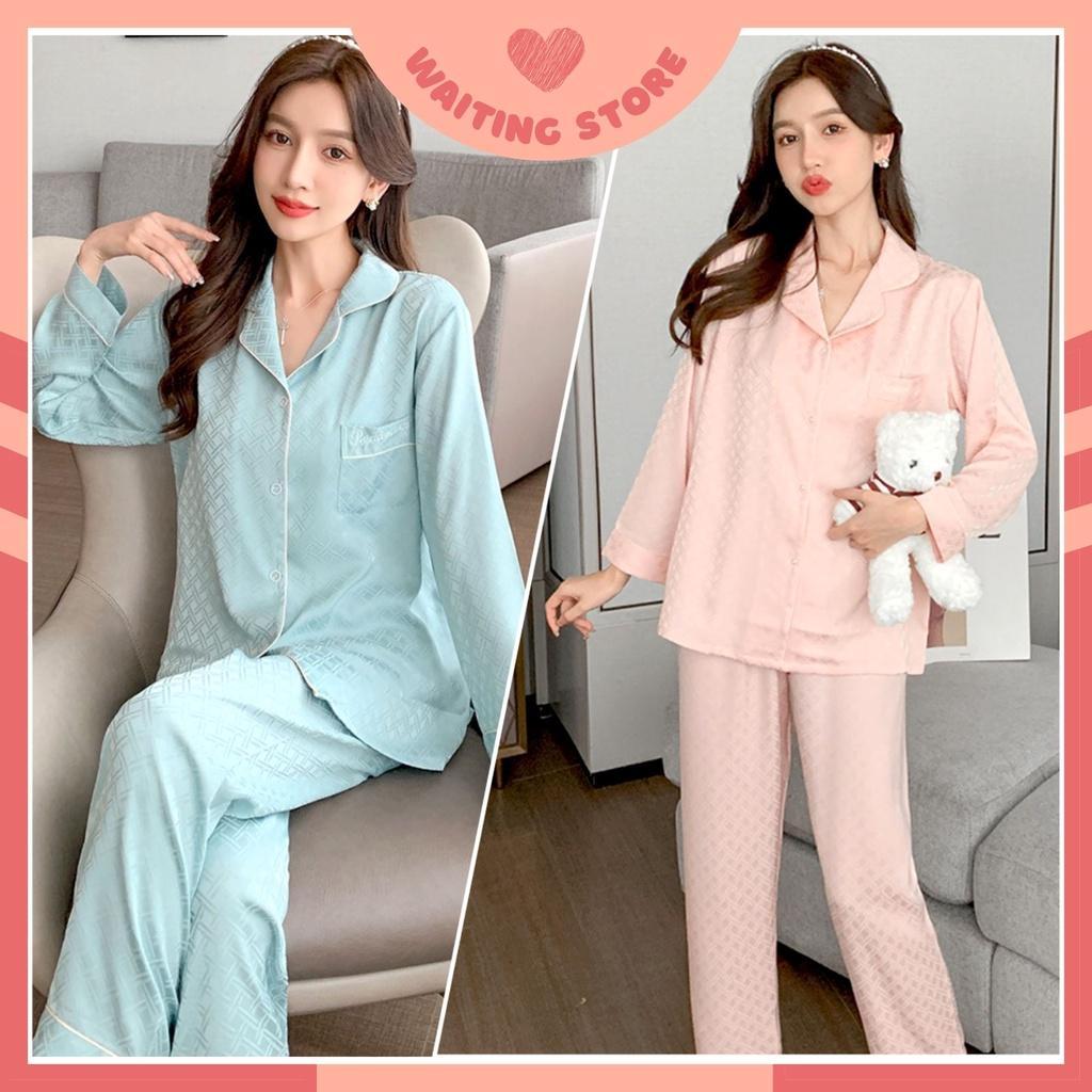 Đồ Bộ Nữ - Bộ Lụa Dài Tay Cao Cấp Mặc Nhà Màu Xanh Ngọc và Hồng Vân Caro In Chìm DDLP20