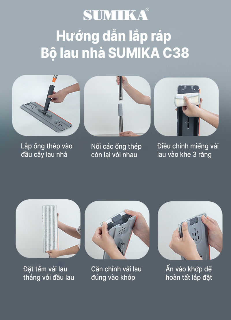 Bộ cây lau nhà SUMIKA C38, thùng lau nhà 2 ngăn tự vắt thông minh, chổi lau sàn nhà 360 độ, 2 bông lau, 1 móc treo cây lau sàn
