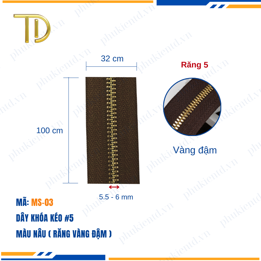 Dây khóa kéo túi xách, dây khóa kéo kim loại, dây khóa kéo răng 5 nâu, Mạ điện độ bền 5-8 năm