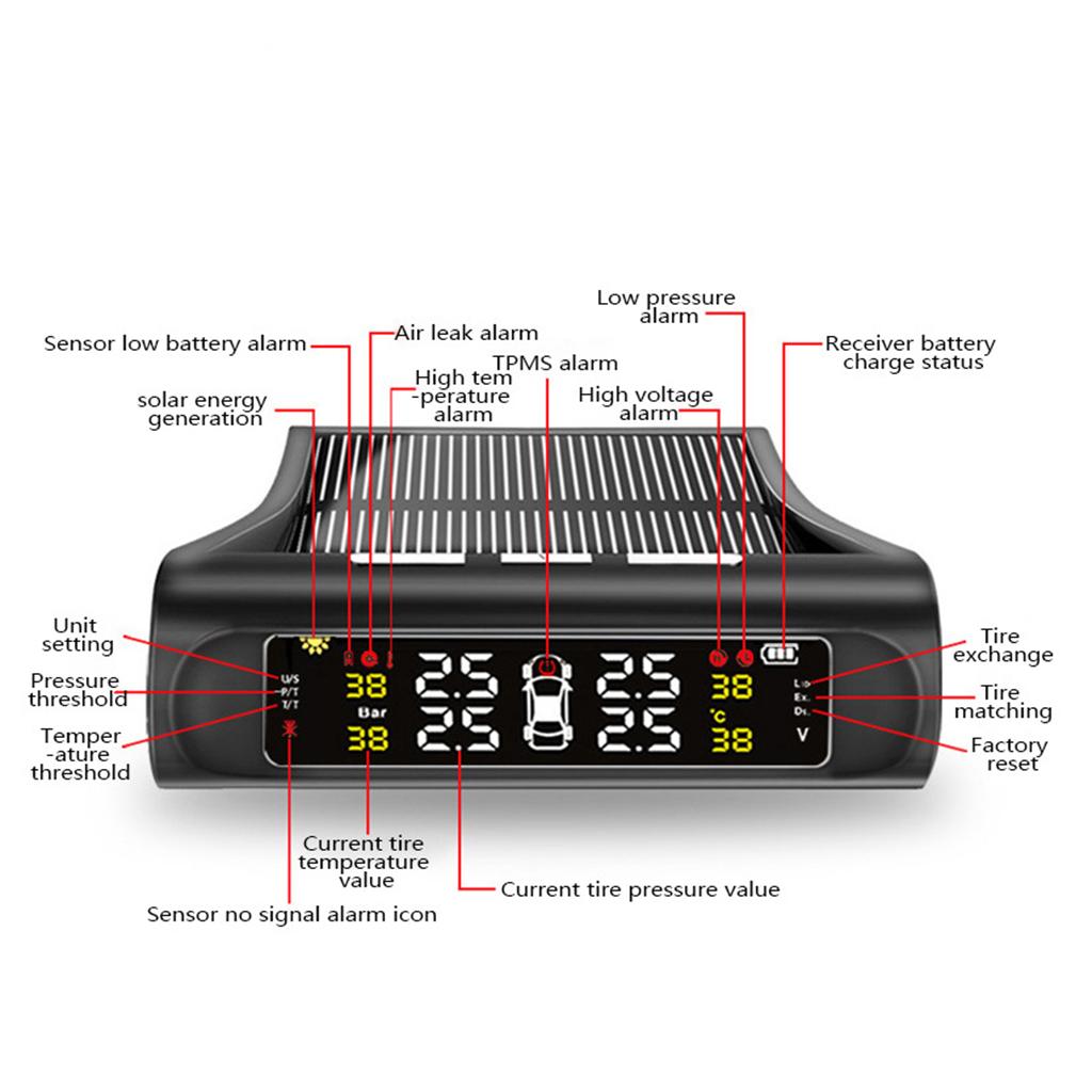 RV Car TPMS Tire Pressure Alarm Monitor System Solar Powered Built-in Sensor