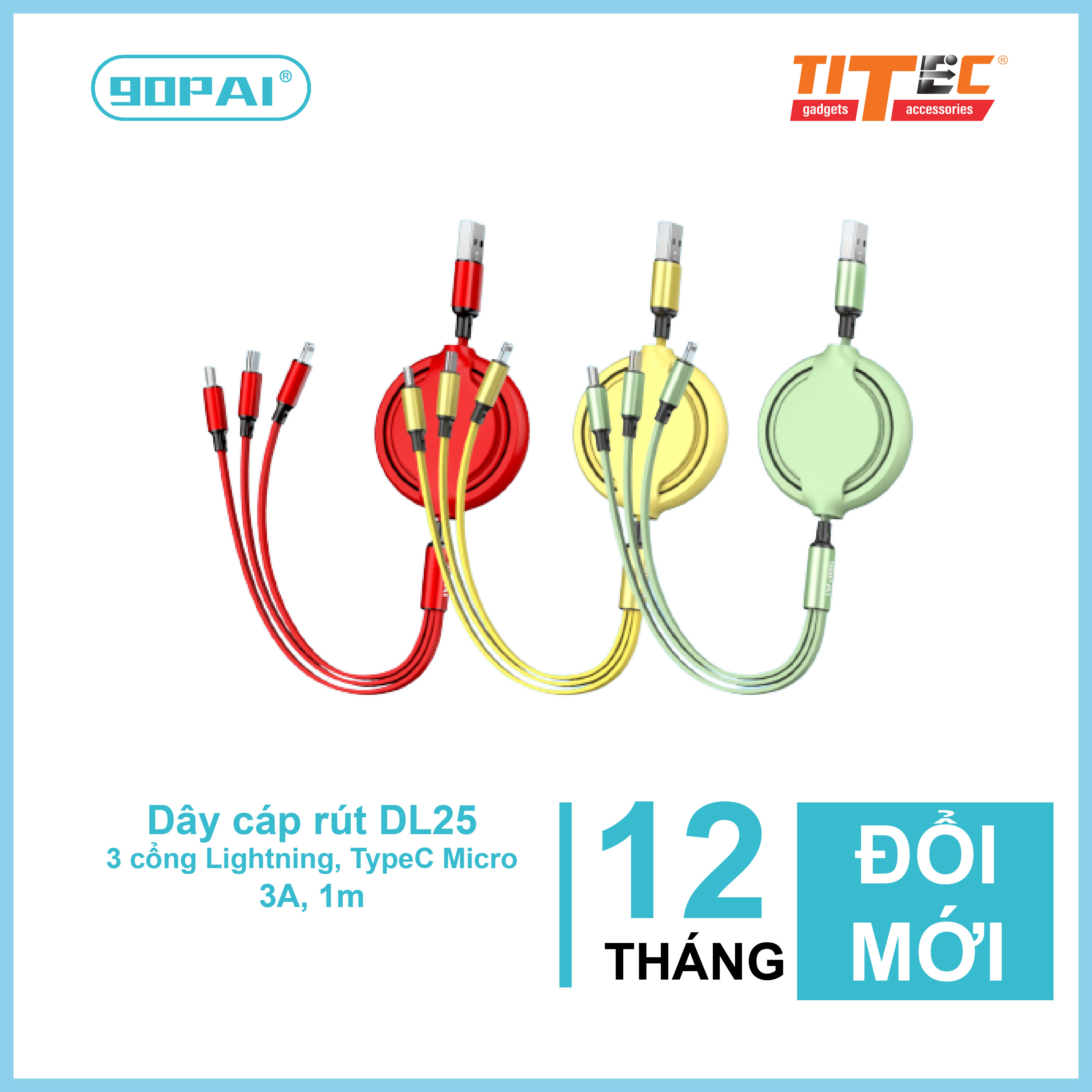 Dây cáp rút 3 in 1 hiệu 90PAI DL25,DL27 nhiều màu, dây dài 1200mm điện áp 3.0A dây dẹp chắc chắn không rối - hàng chính hãng