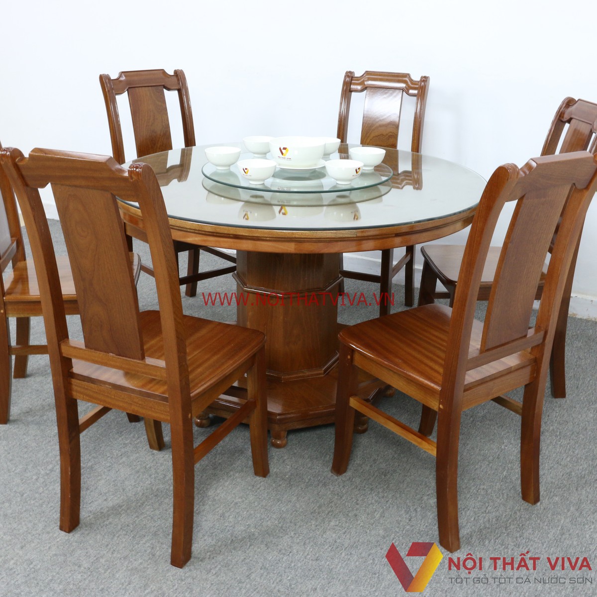 Bộ Bàn Ăn Gỗ Xoan Đào Tròn Mâm Xoay Cao Cấp