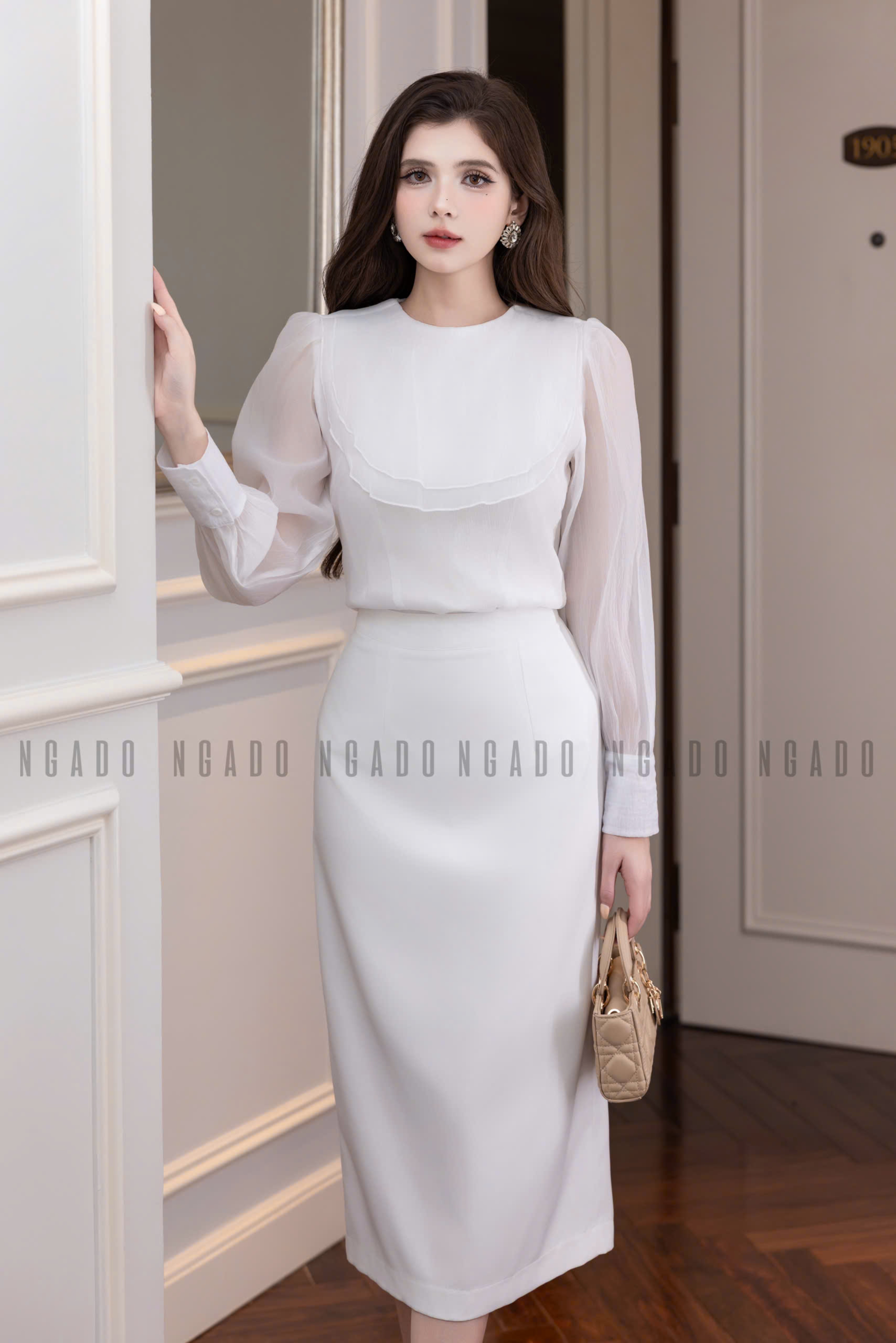 Set áo váy voan trắng bút chì NGADO , set áo kèm váy , set áo váy Nữ