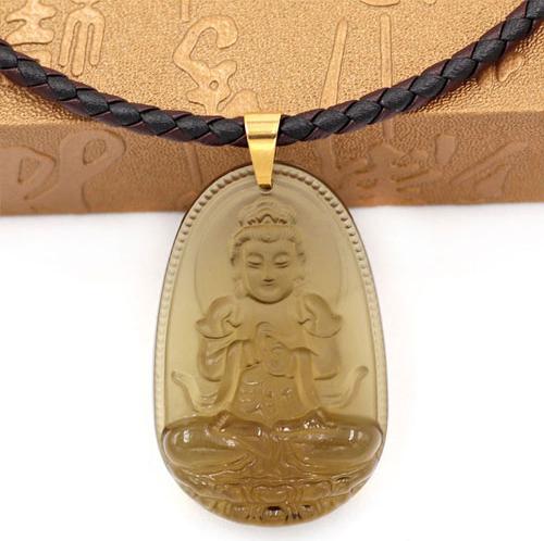 Dây chuyền mặt phật Đại Nhật Như Lai thạch anh khói 5cm + dây da - phật bản mệnh tuổi Mùi, tuổi Thân