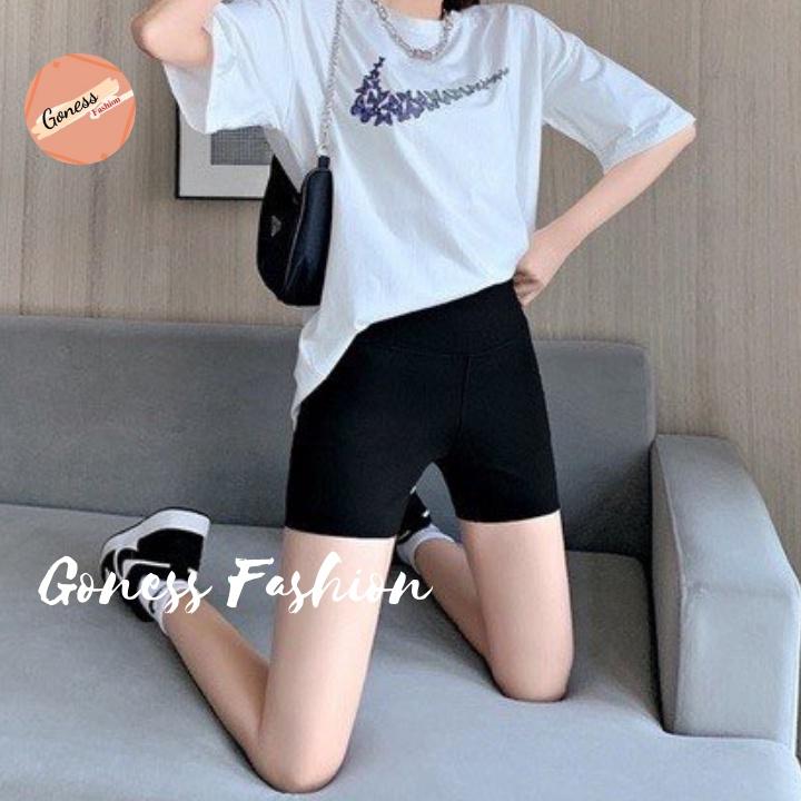 Quần legging đùi Goness dáng ngắn short cạp cao màu đen sooc chất thun co giãn thời trang