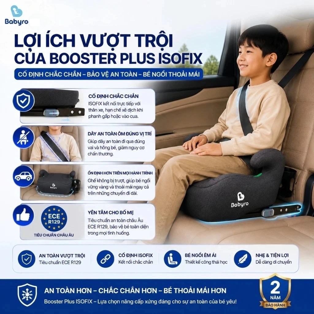 Ghế ngồi ô tô cho trẻ em Babyro Booster Plus(Có isofix), ghế nâng chiều cao cho bé 6 - 12 tuổi, tiêu chuẩn R129 - Hàng chính hãng
