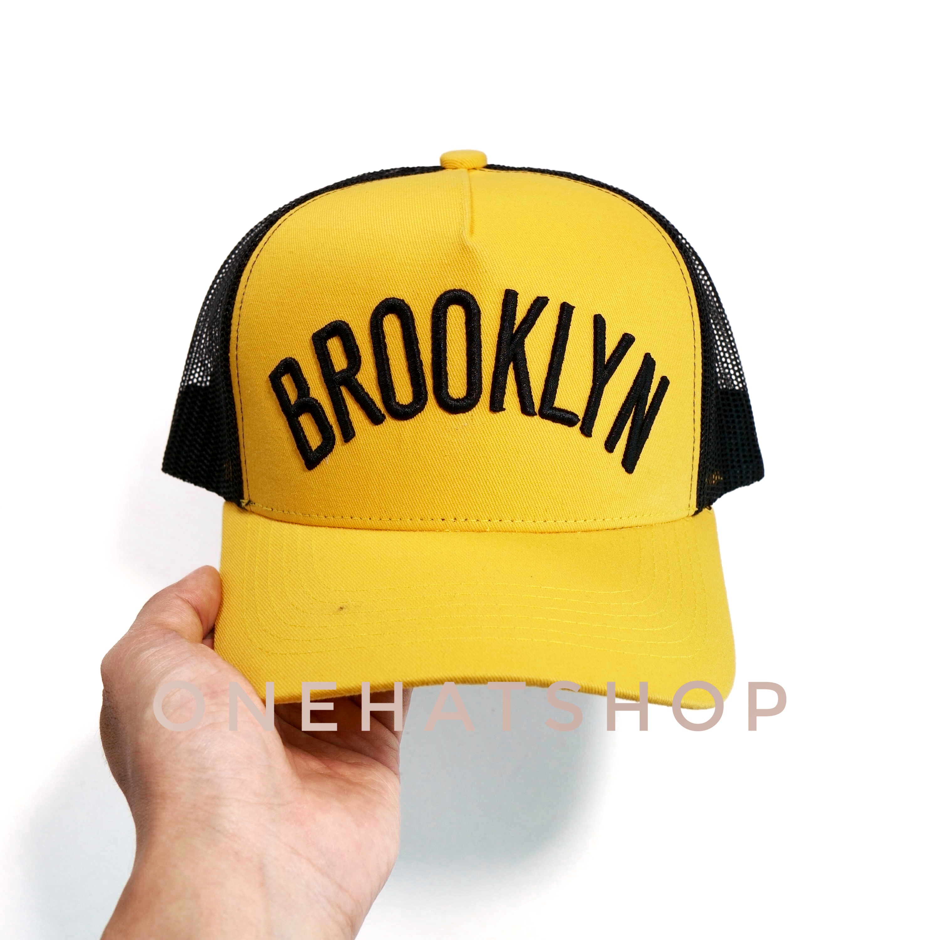 Nón kết đẹp fom trucker vải vàng - lưới Logo Brooklyn Brand One Hat