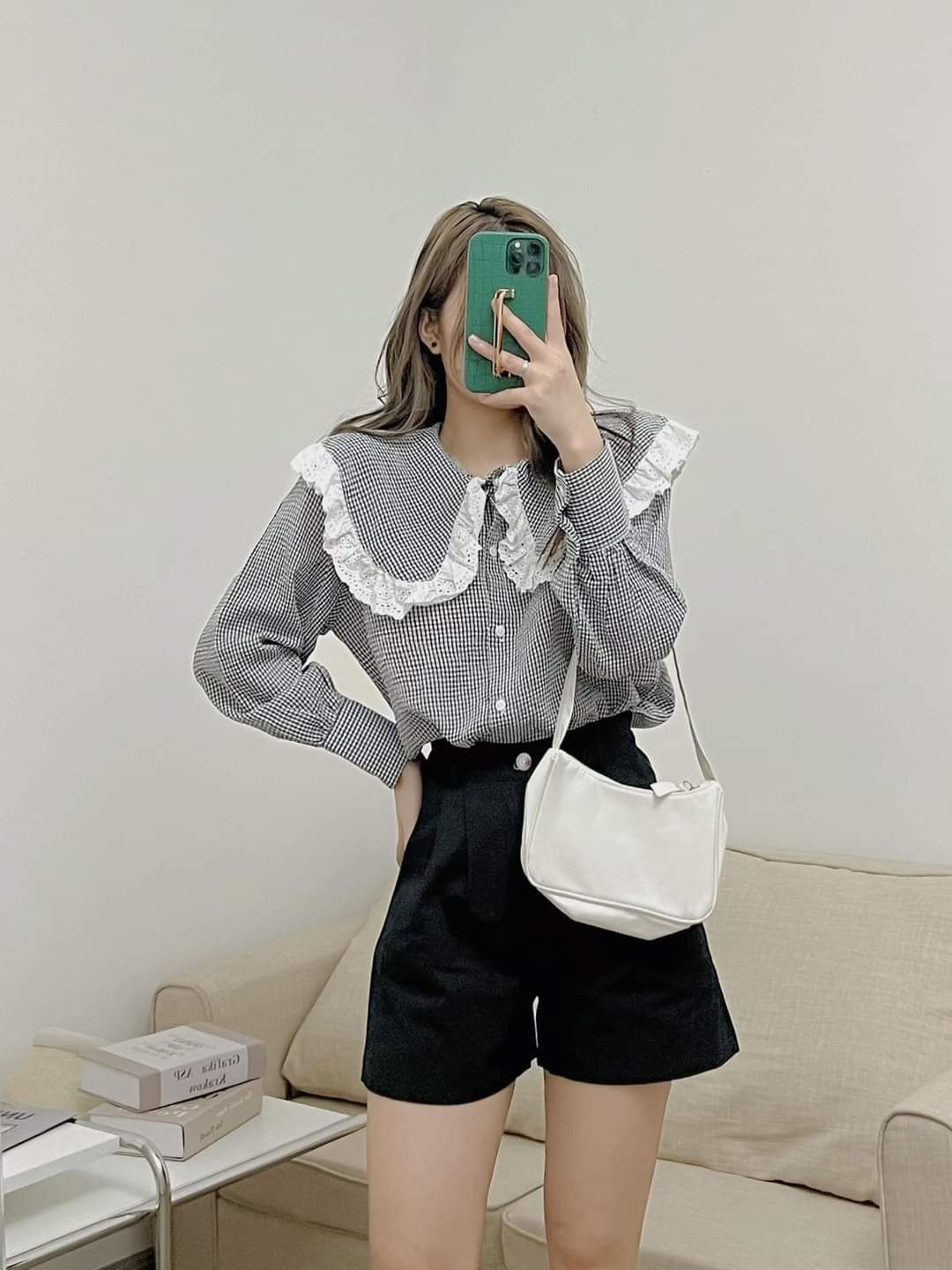 Áo sơ mi caro tay dài cổ bèo viền trắng ulzzang hàn quốc