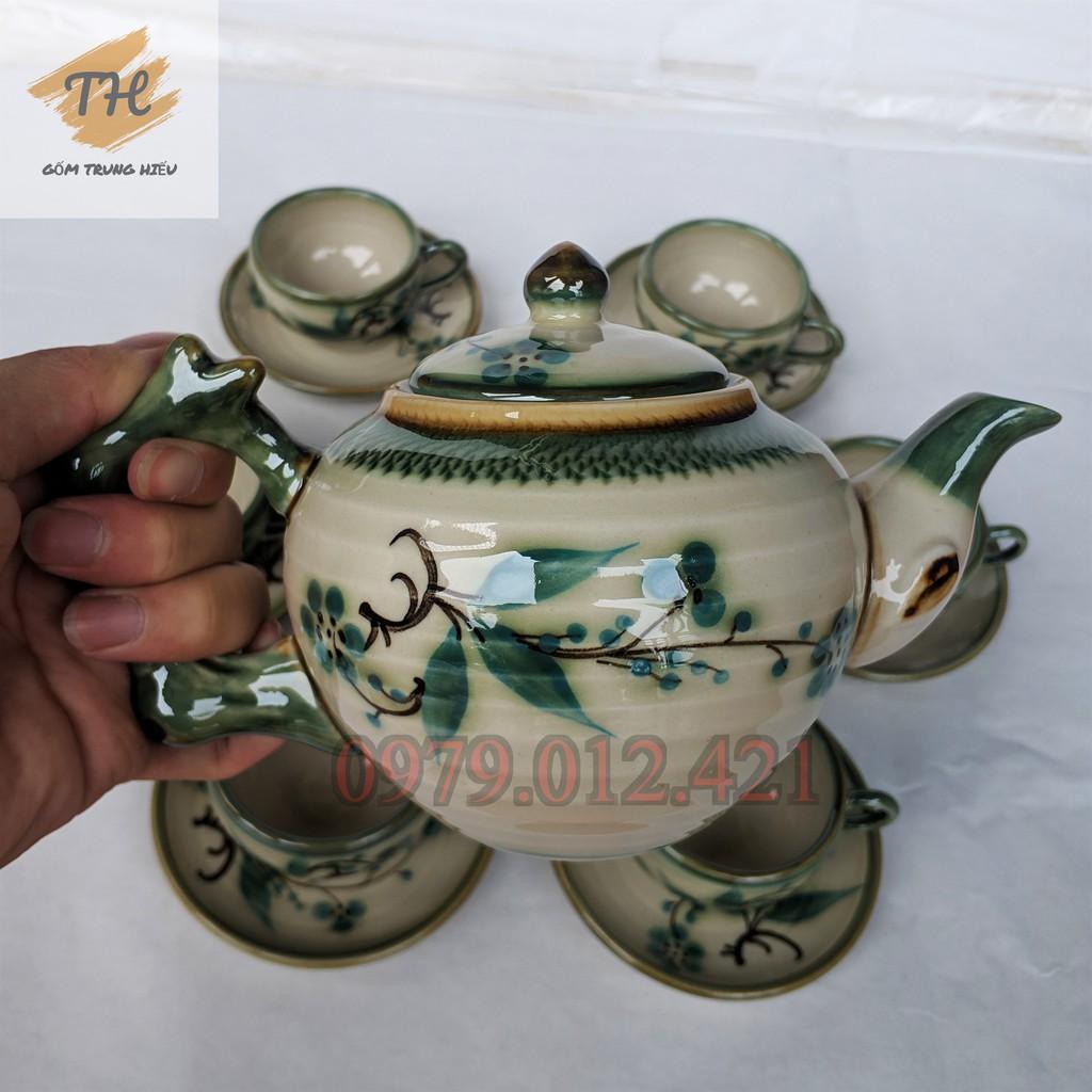 Bộ ấm chén Bát Tràng men bóng vẽ Đào xanh