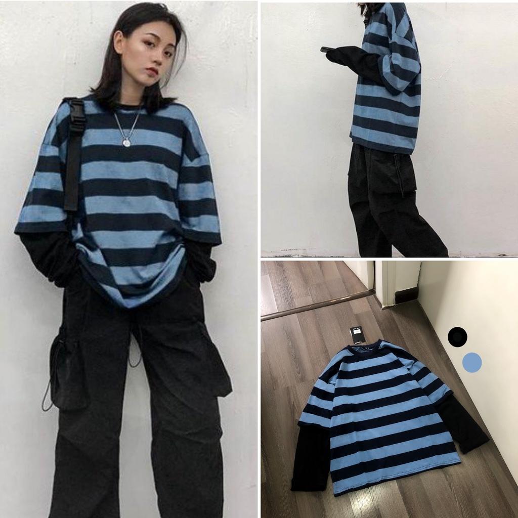 Áo dài tay kẻ ráp tay MEANSTORE phông Unisex nam nữ tee oversize form rộng pull Ulzzang Hàn Quốc vải mềm - Xanh đen