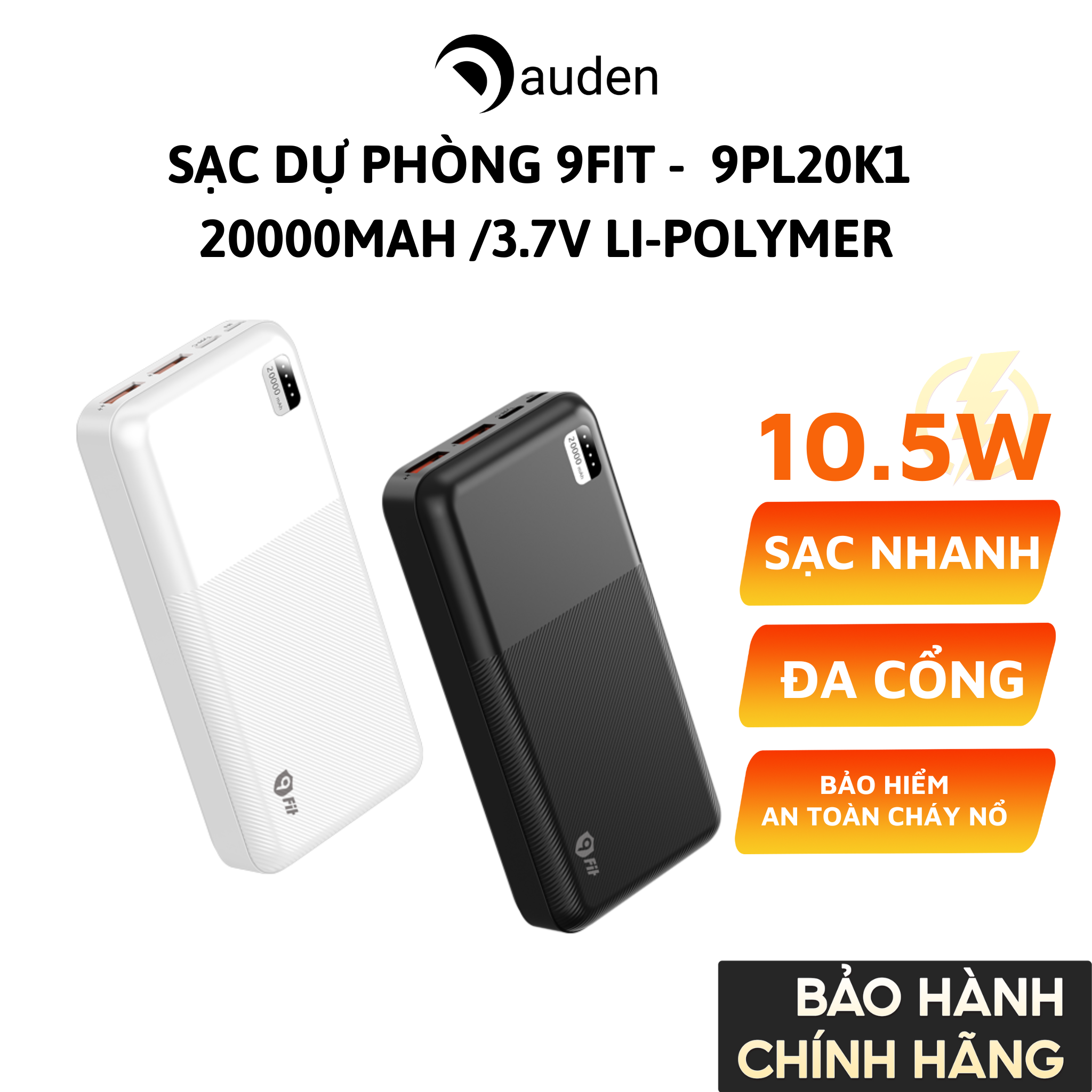Sạc Dự Phòng 9FIT 20000mAh /3.7V Li-Polymer 9PL20K1 - hỗ trợ sạc nhanh 10,5W tích hợp 2 cổng output - Hàng chính hãng