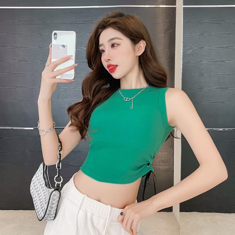 Áo thun nữ 3 lỗ croptop dây rút eo giản dị thời trang mùa hè 2023