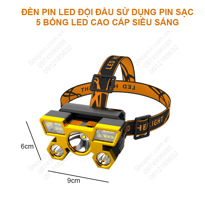Đèn Pin LED siêu sáng đội đầu 5 bóng led với pin sạc gắn sẵn bên trong